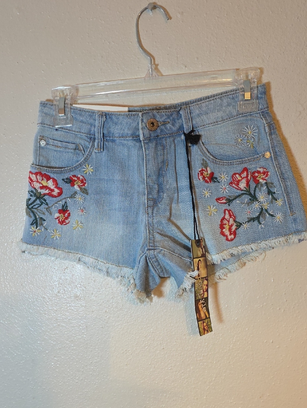 Freestyle Revolution Light Blue Embroidered Denim Shorts Flowers Sz 1